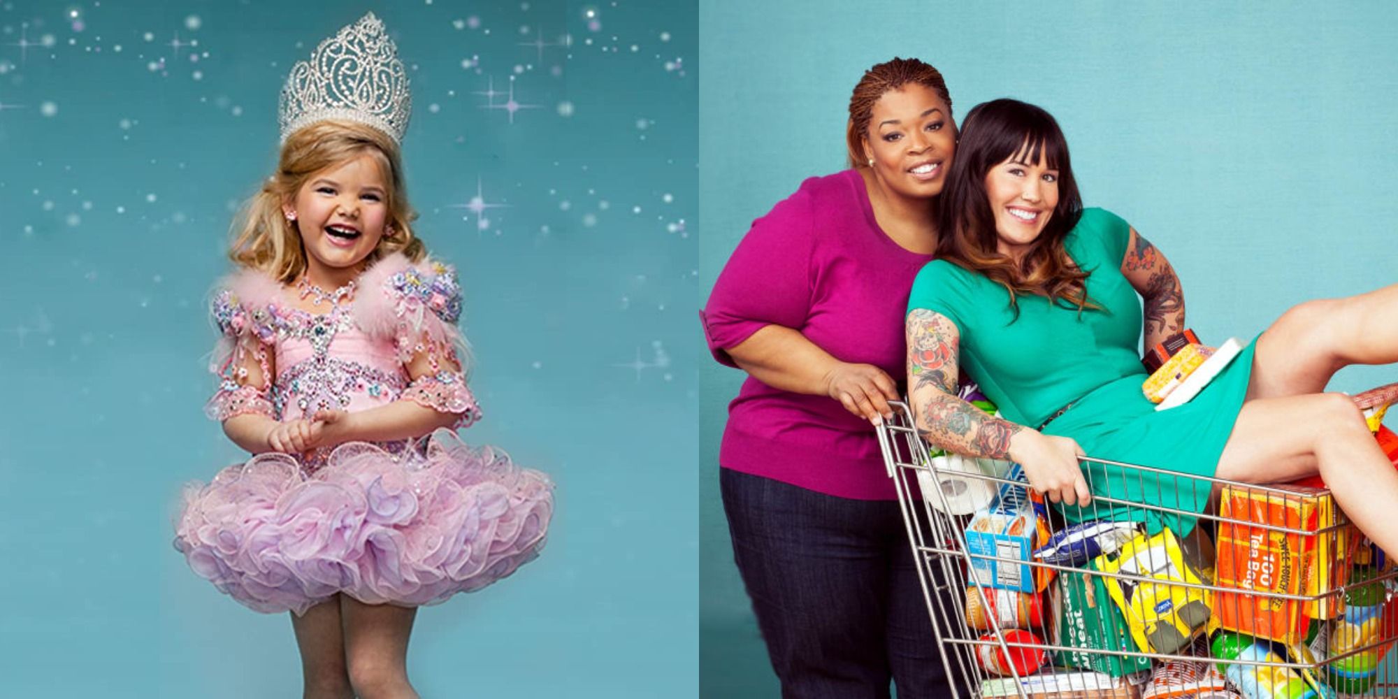 Split image showing posters for the TLC shows Toddlers & Tiaras and Extreme Couponing
