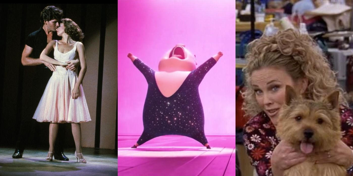 Split image showing Baby and Johnny from Dirty Dancing, Gunta from Sing, and Cookie from Best in Show