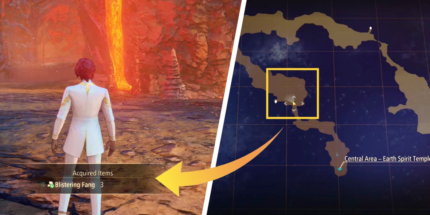 An image of the player in Tales of Arise acquiring Blistering Fang next to an image of where they are on the in-game map