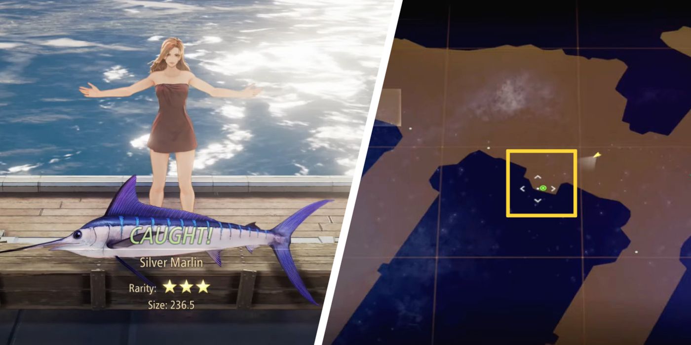 An image of a player catching a Silver Marlin in Tales of Arise next to the game's map with the location enclosed in a yellow square