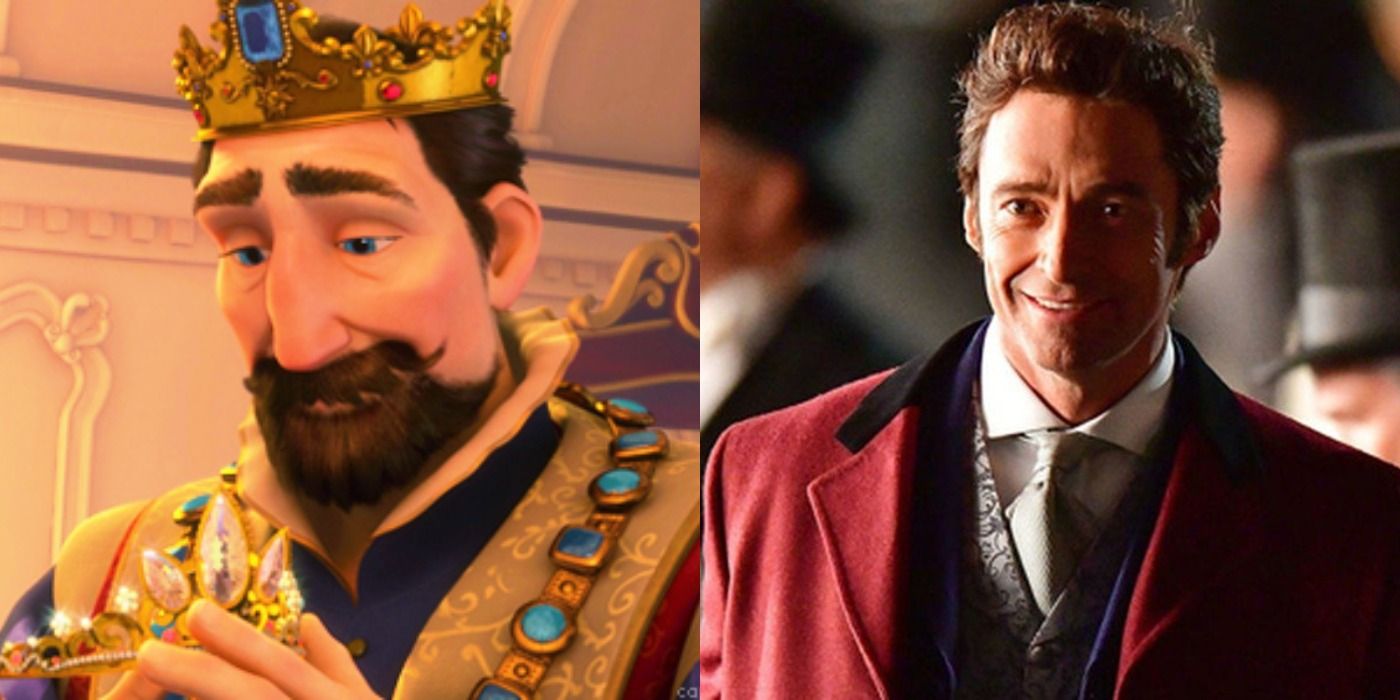 Split image showing the King of Corona in Tangled and Hugh Jackman as P.T. Barnum in The Greatest Showman