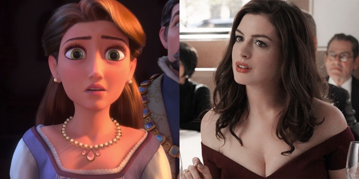 Split image showing the Queen of Corona in Tangled and Anne Hathaway as Daphne Kluger in Ocean's 8