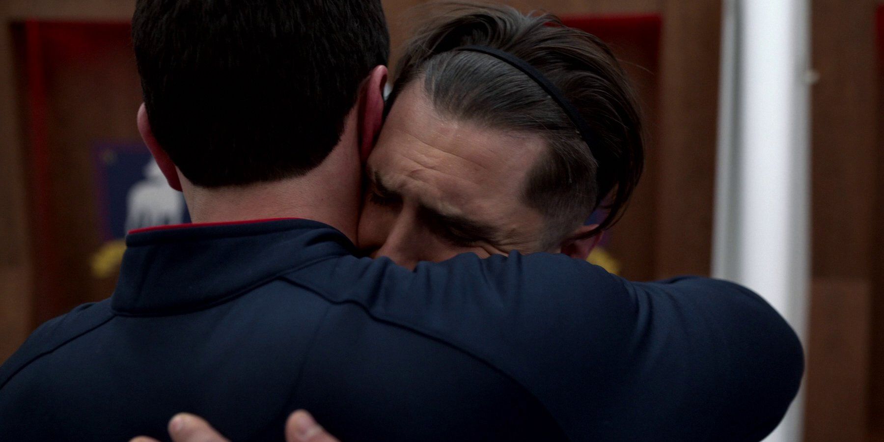 Jamie hugs Roy in the locker room in Ted Lasso.