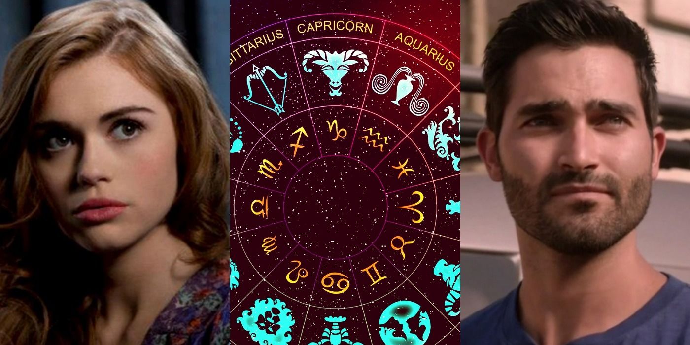 A split image depicts Lydia from Teen Wolf, a zodiac wheel focused on Capricorn, and Derek from Teen Wolf