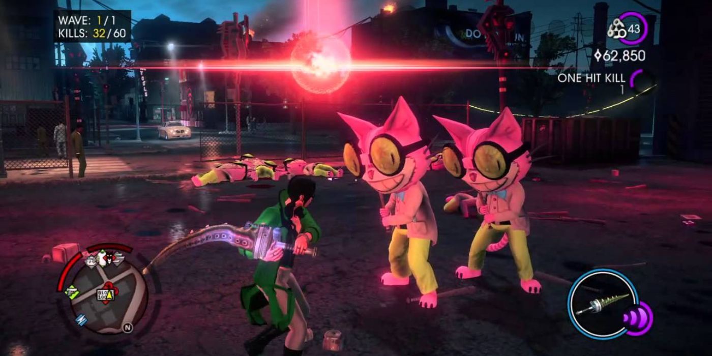 A screenshot of the player character using a Tentacle Bat against enemies in Saints Row IV.