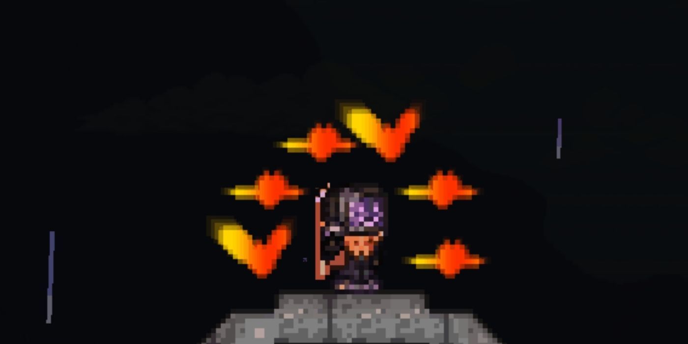 A group of sanguine bats with the living flame dye in Terraria