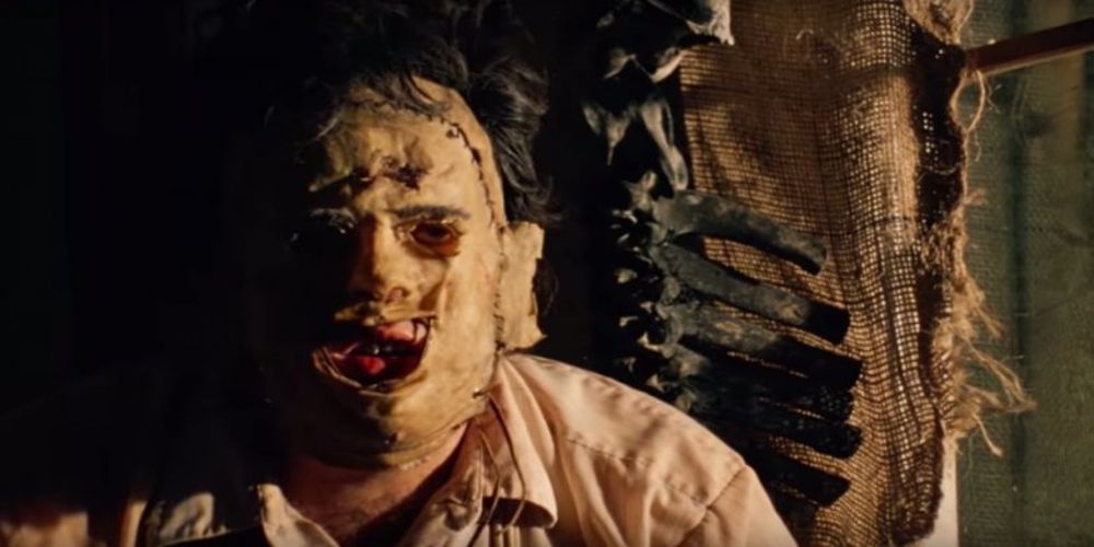 A close-up of Leatherface from The Texas Chainsaw Massacre movie.