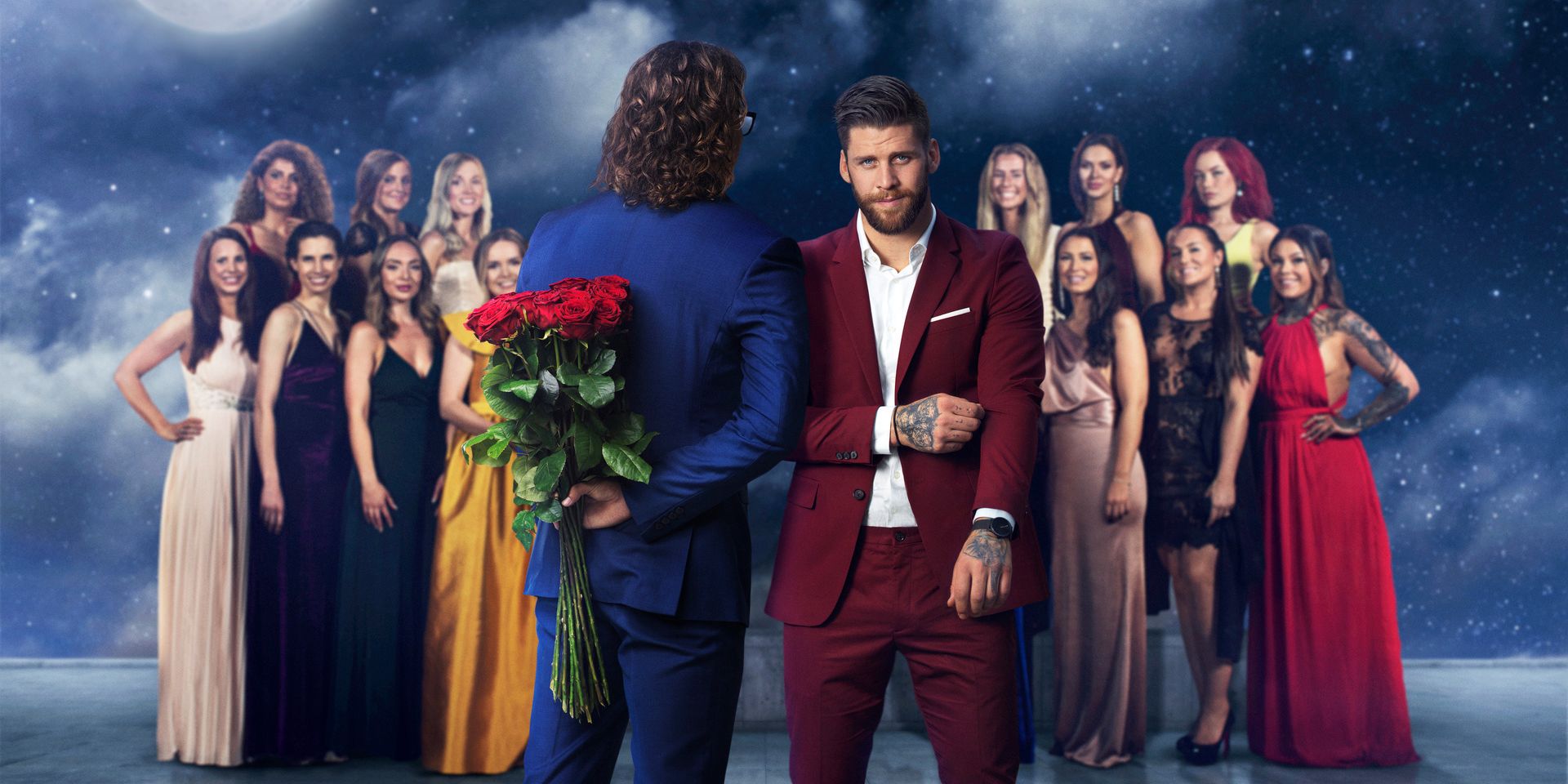 All contestants and two bachelors pose in The Bachelor.