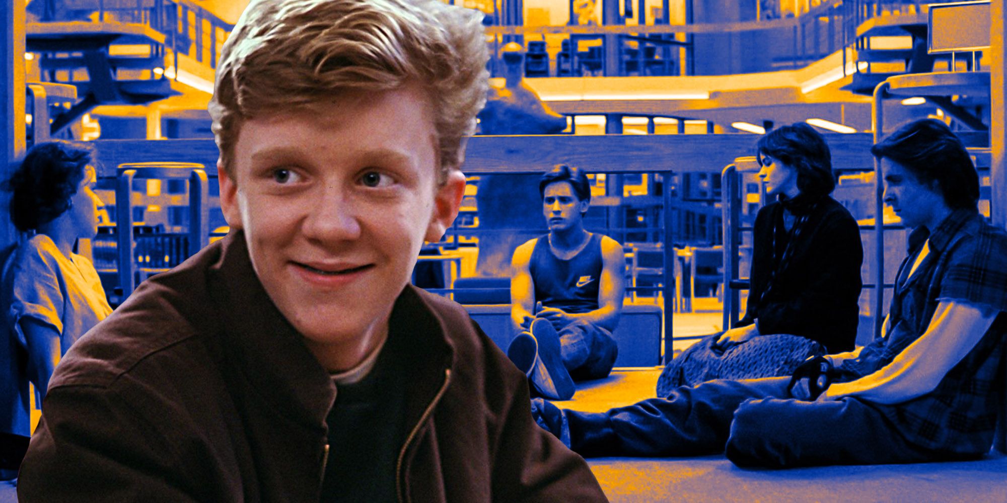 A closeup of Brian in front of a colorized image of the rest of the group in The Breakfast Club