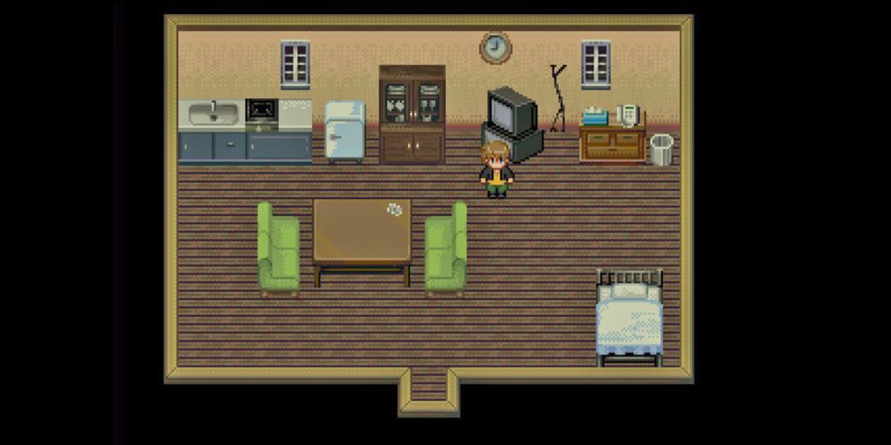 Uma captura de tela de um menino em uma sala de estar no jogo The Crooked Man.