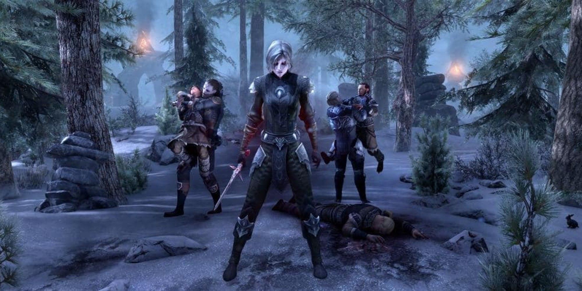 A clan of vampires attacks a travelling party in the snow in Skyrim