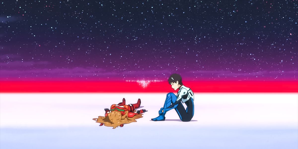 Asuka and Shinji on the beach in Rebuild of Evangelion.