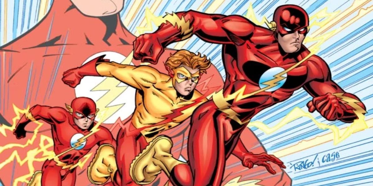 Three versions of the Flash are running in a DC comic book.