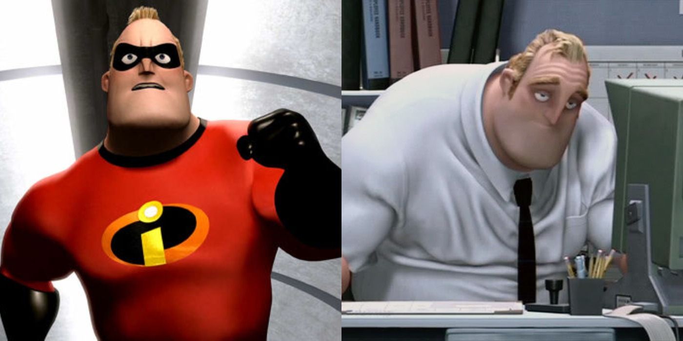 Mr Incredible in action and stuck behind a desk in The Incredibles