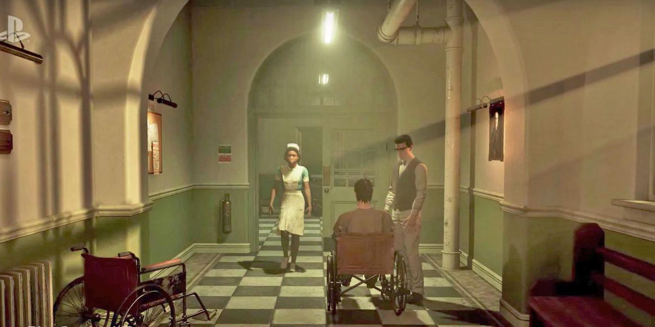 Uma imagem de um corredor de hospital com pacientes e enfermeiros em The Inpatient.