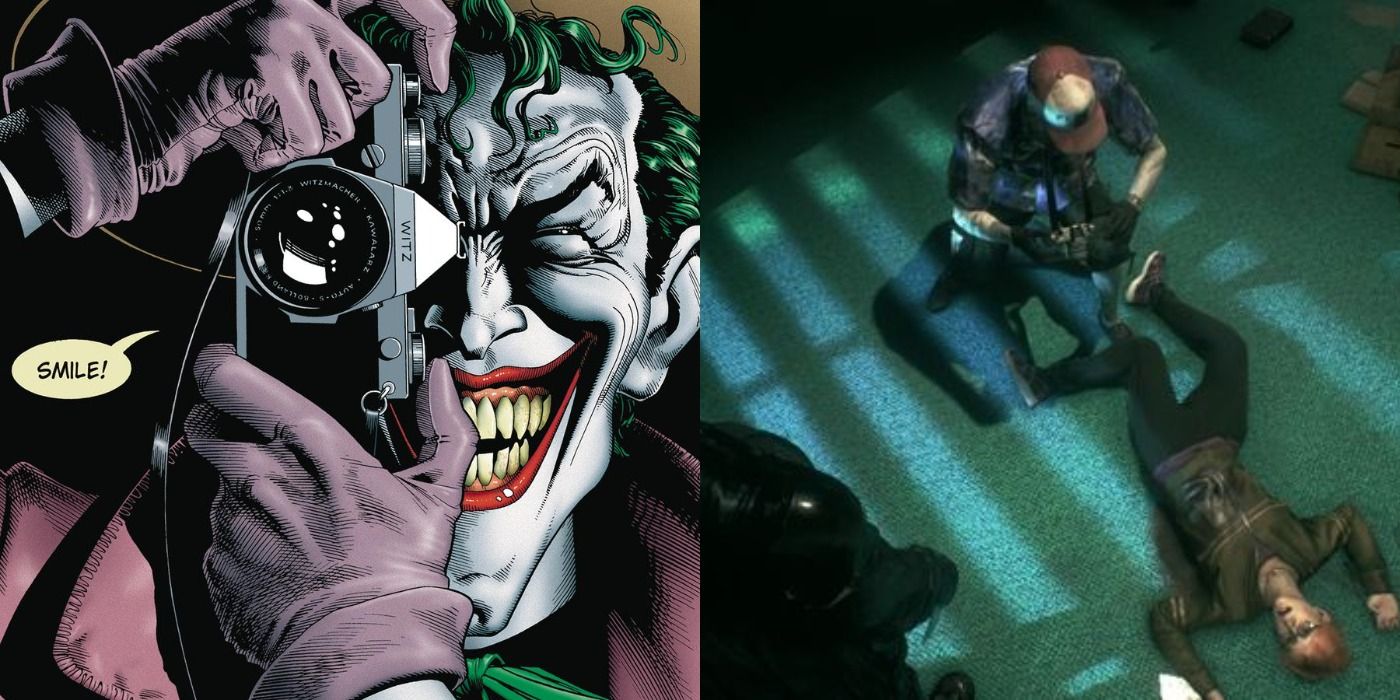Split image of the Killing Joke cover art and the scene mirroring the comic in Arkham Knight
