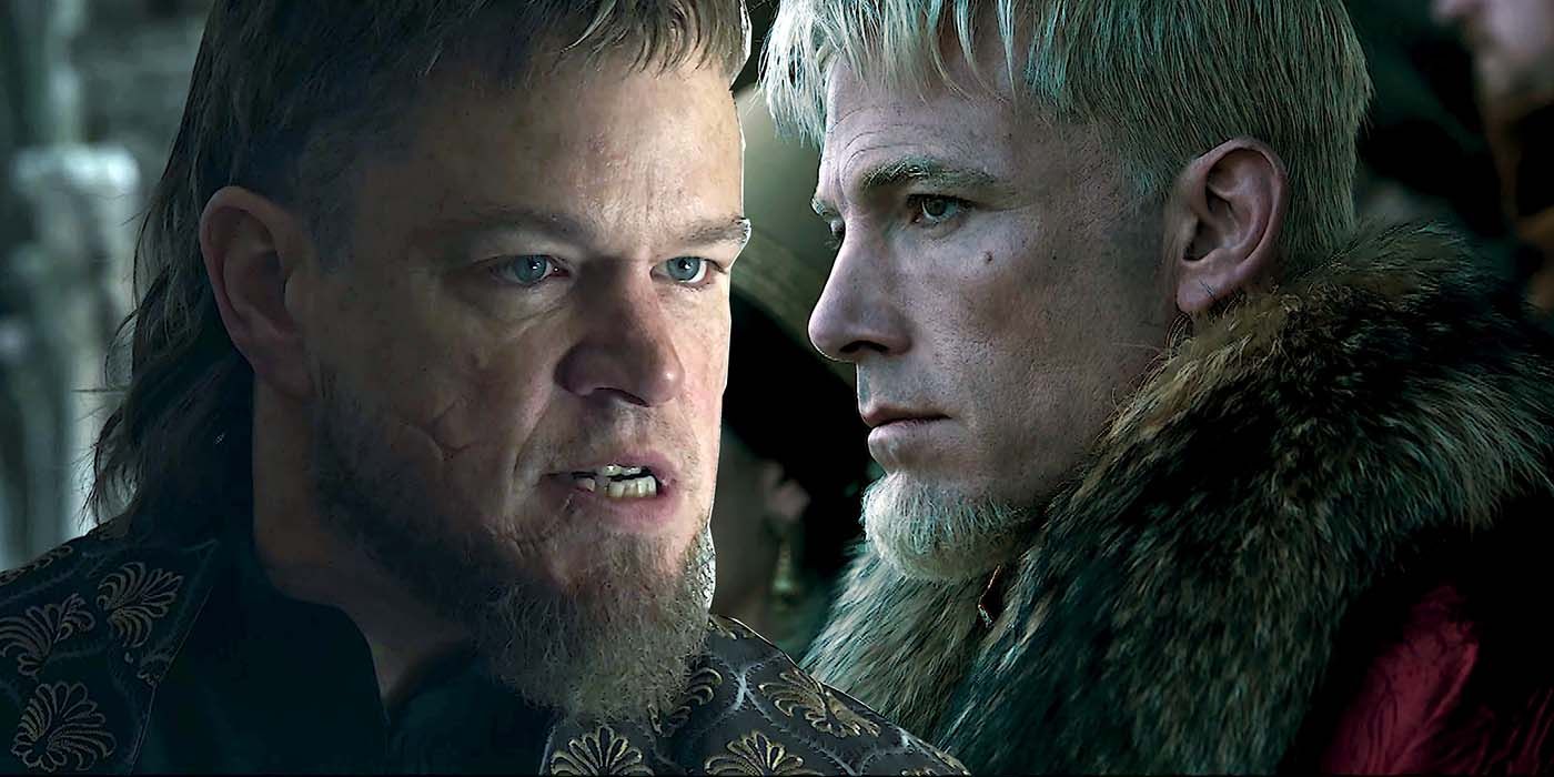 Image fractionnée de Matt Damon en colère et de Ben Affleck stoïque dans The Last Duel
