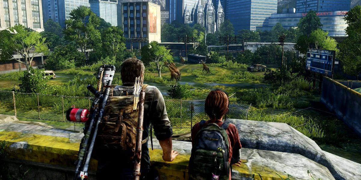 Joel &amp; Ellie look at an overgrown city park in The Last of Us Remastered.