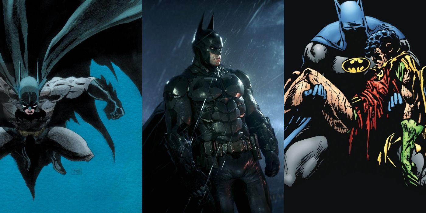 Split image of cover art for The Long Halloween, in-game still of Arkham Knight, and A Death in the Family Batman comics