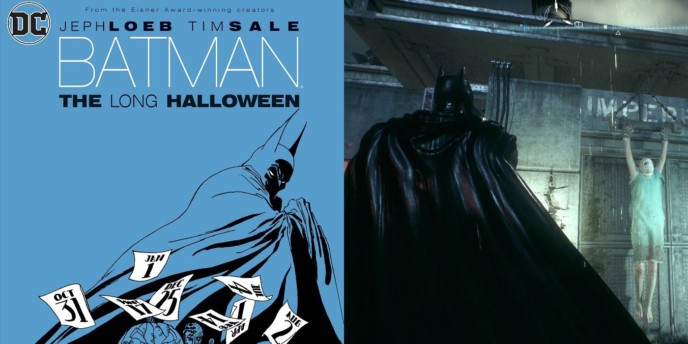 Split image of the Long Halloween cover art and Professor Pyg side mission in Arkham Knight
