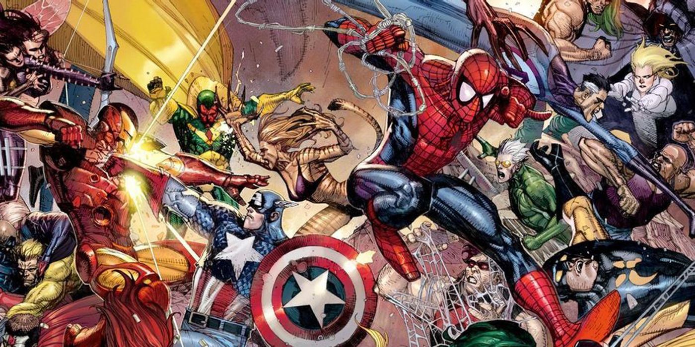 The Marvel heroes fighting each other in Civil War comic books.