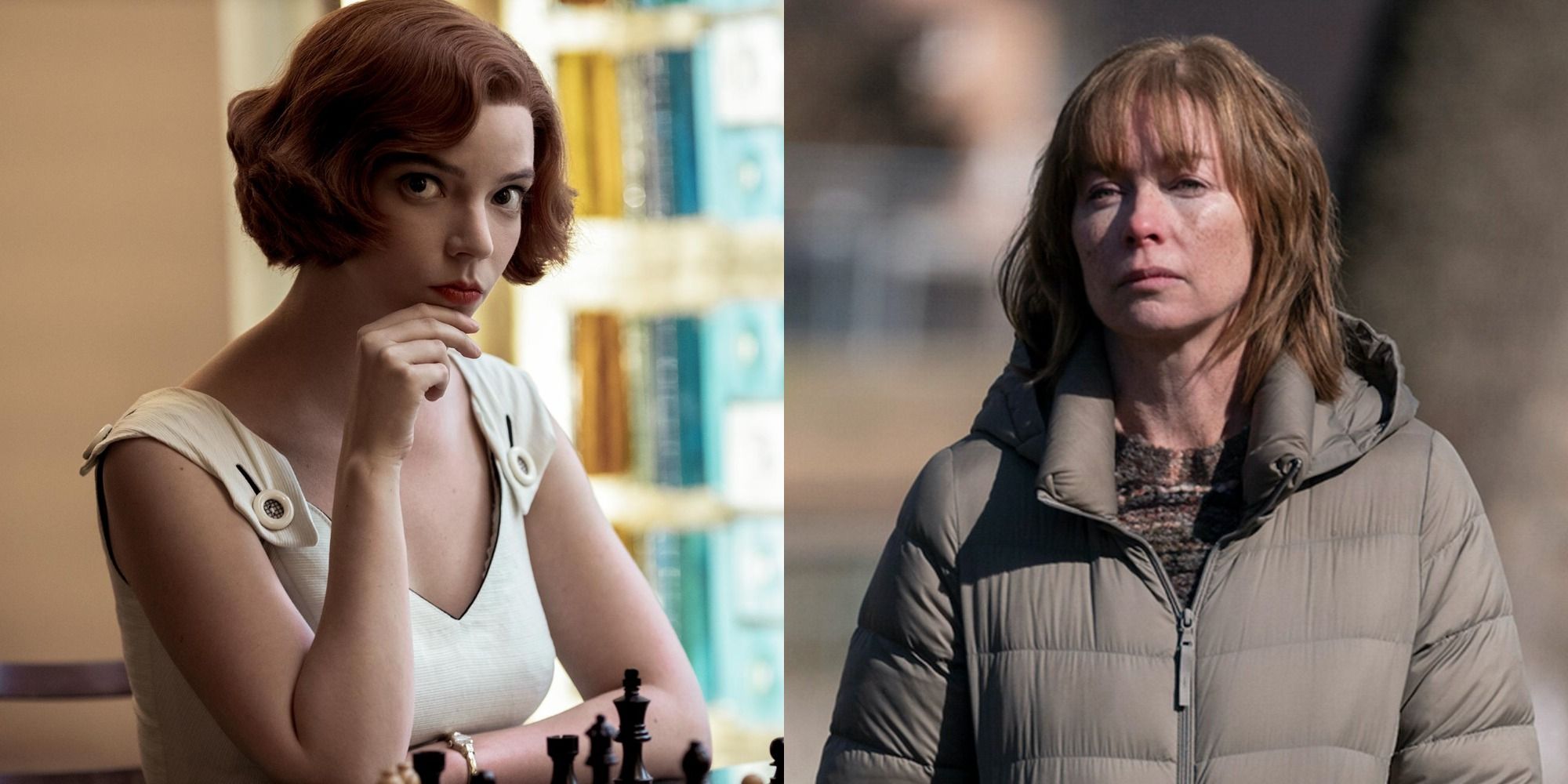 Split image showing Anya Taylor-Joy in The Queen's Gambit, and Julianne Nicholson in Mare of Easttown.