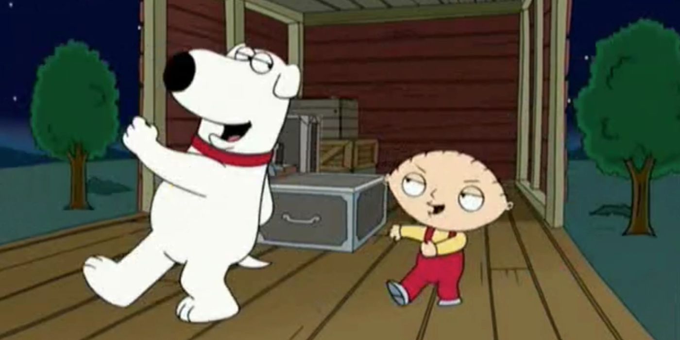 Brian and Stewie dance inside a moving train in Family Guy.