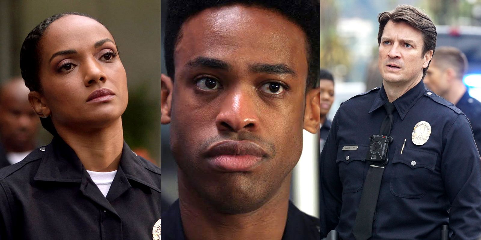 Split image of Nyla, Jackson, and John in The Rookie