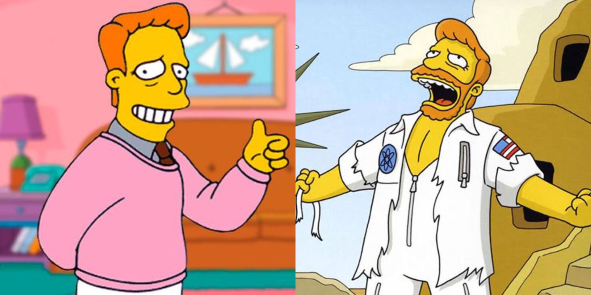 Split image showing Troy McClure smiling and during one of his movies in The Simpsons