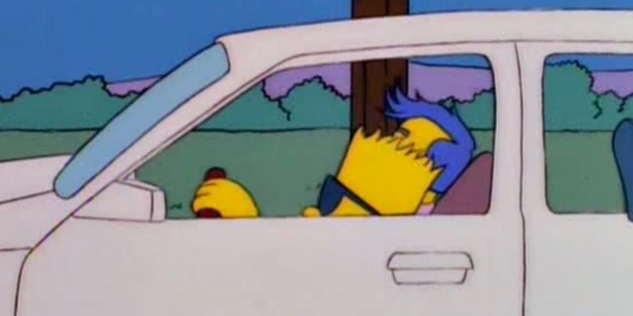 Bart drives a car with Milhouse beside him in The Simpsons.
