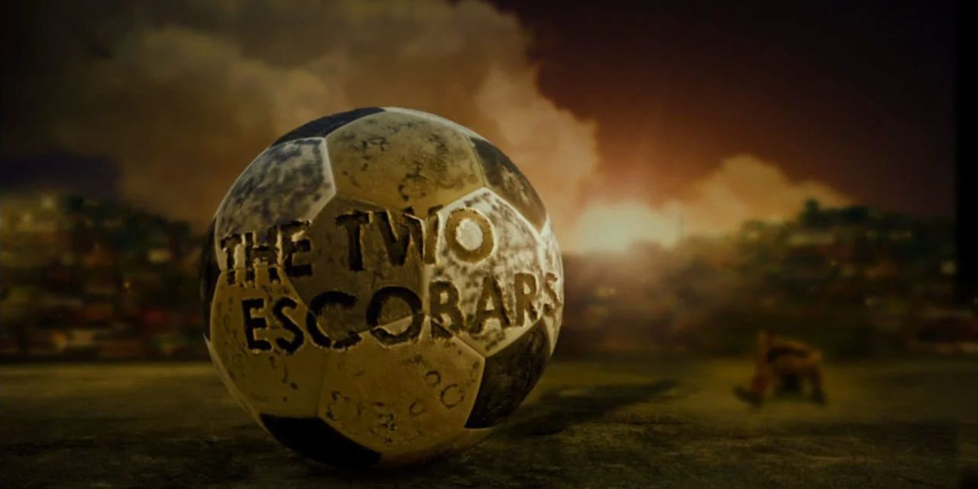 A soccer ball displays the title for The Two Escobars