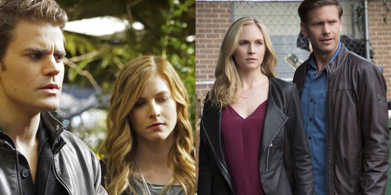 Split image of Stefan and Valerie looking at something and Caroline and Alaric next to each other in The Vampire Diaries.