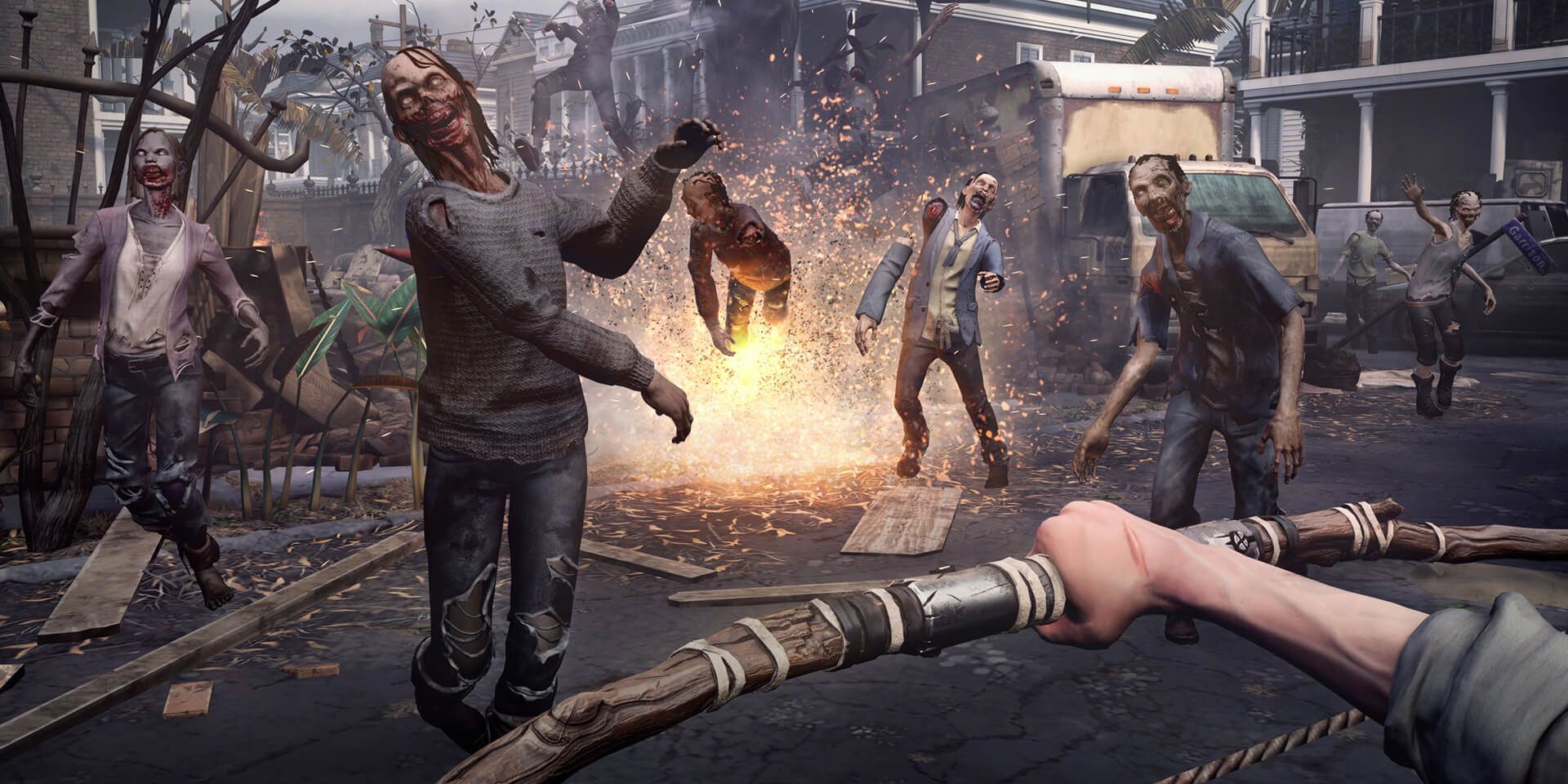 A player shoots an arrow at zombies in The Walking Dead: Saints & Sinners.