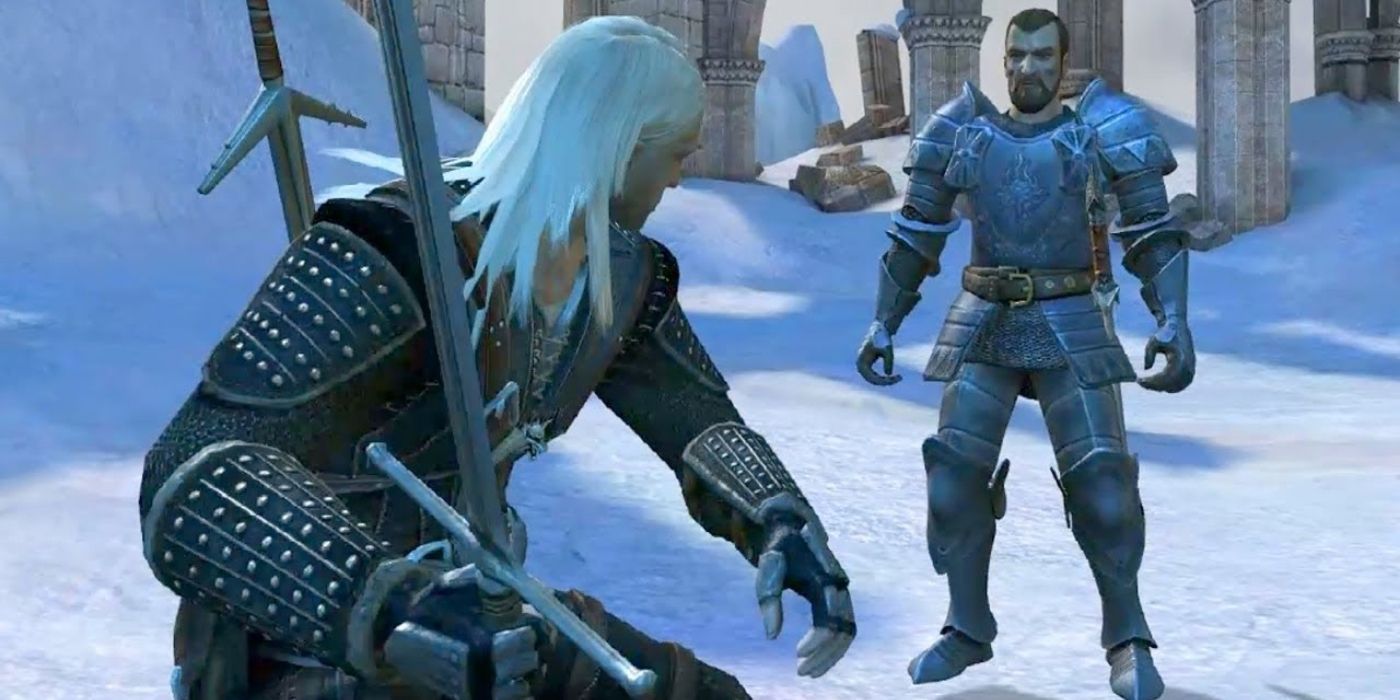 Geralt luta contra o Grão-Mestre no primeiro jogo Witcher 