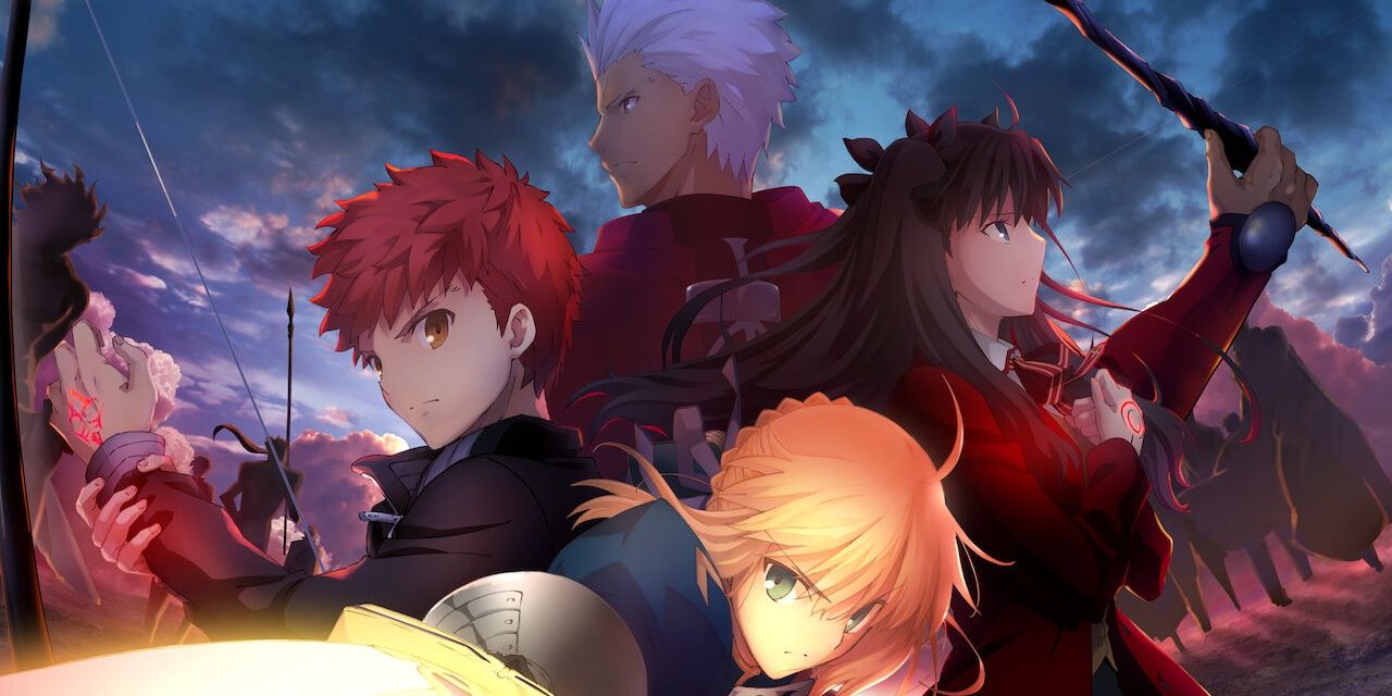 The lead characters of Fate Stay Night standing next to each other in the middle of a battle 
