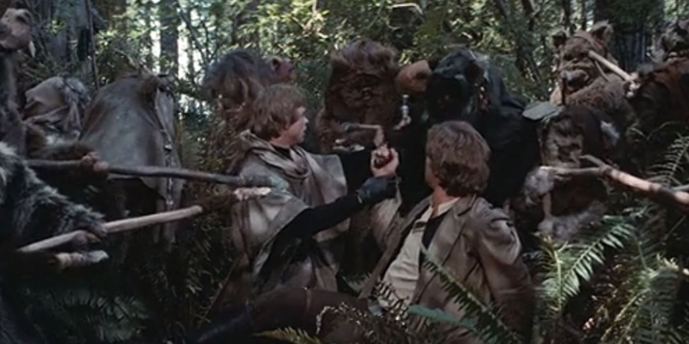 The rebels are captured by Ewoks on the Forest Moon of Endor in Return Of The Jedi