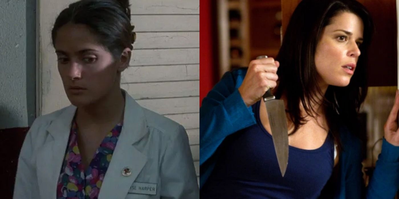 A split image depicts Salma Hayek as Harper in The Faculty and Neve Campbell as Sidney in Scream 4