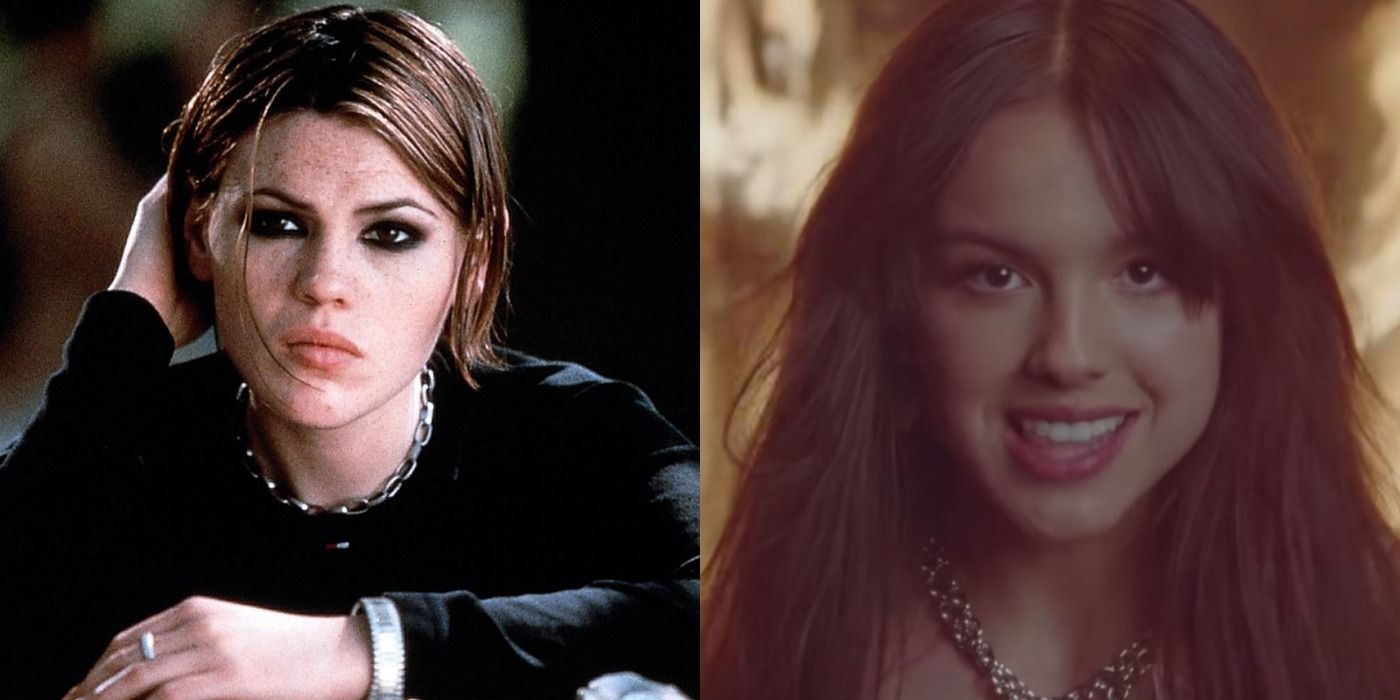 A split image depicts Clea DuVall as Stokes in The Faculty and Olivia Rodrigo in her Good 4 U music video