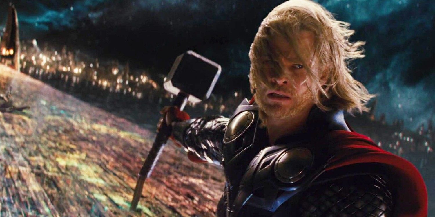 Thor holding Mjolnir on the Rainbow Bridge