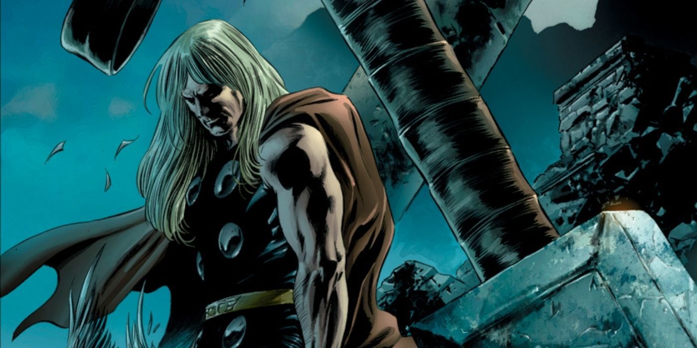 Thor looking downwards in sadness in front of his hammer