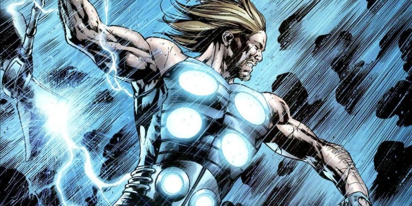 Thor raising his hammer as blue lightning strikes in The Ultimates comic..