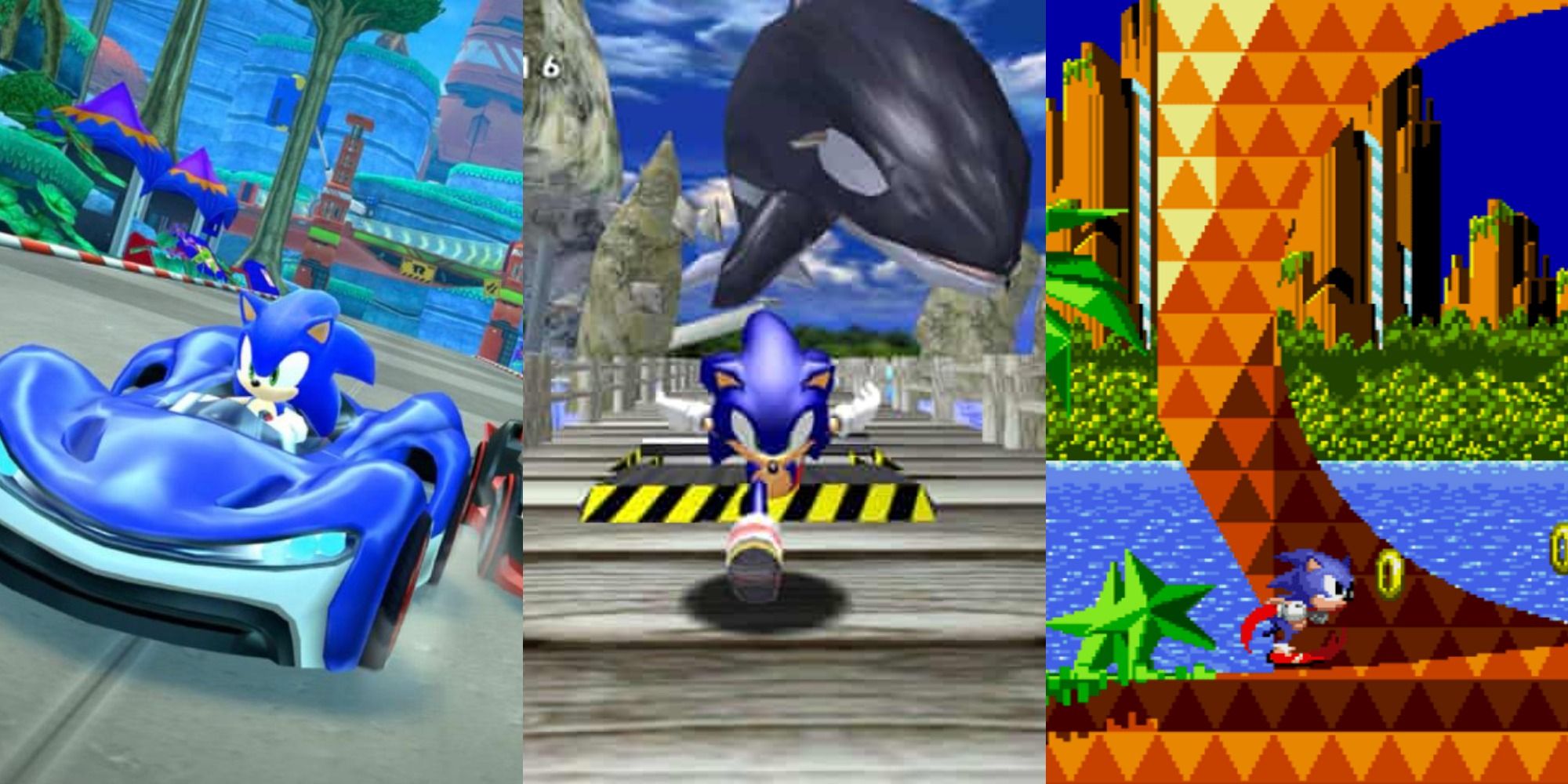 Three side by side images from Sonic the Hedgehog games