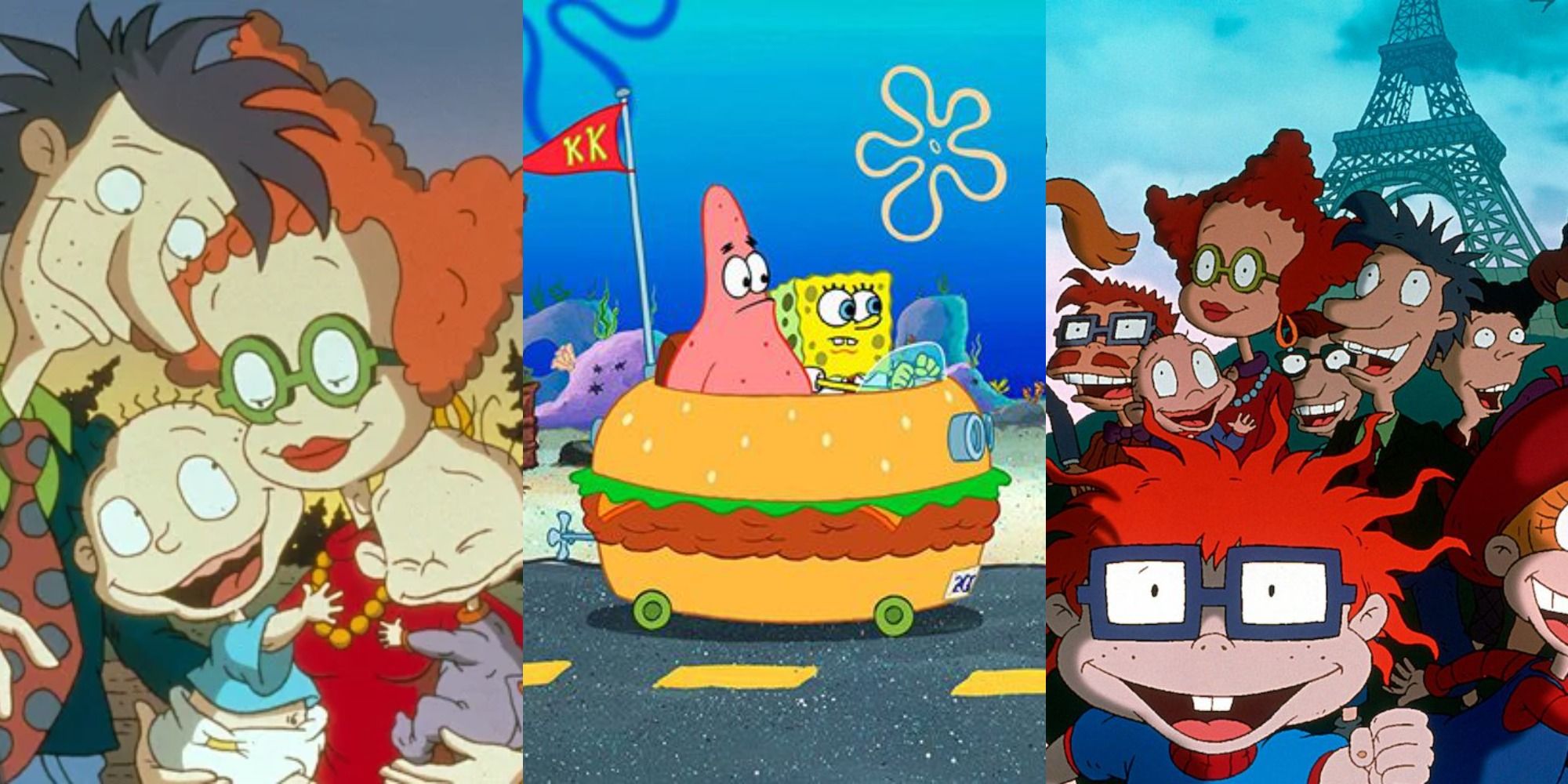 Three side by side images from The Rugrats Movie, SpongeBob SquarePants and Rugrats in Paris