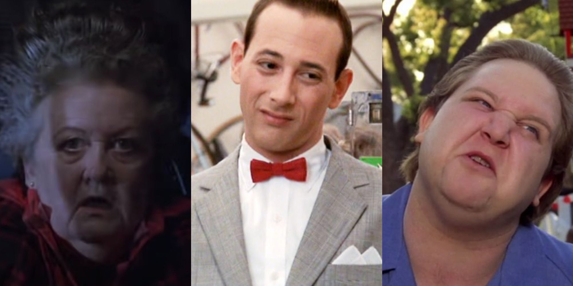 Three side by side images of Large Marge, Pee-wee and Francis from Pee-wee's Big Adventure