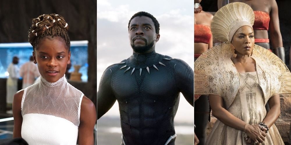 Three side by side images of T'Challa, Shuri and Ramonda in Black Panther