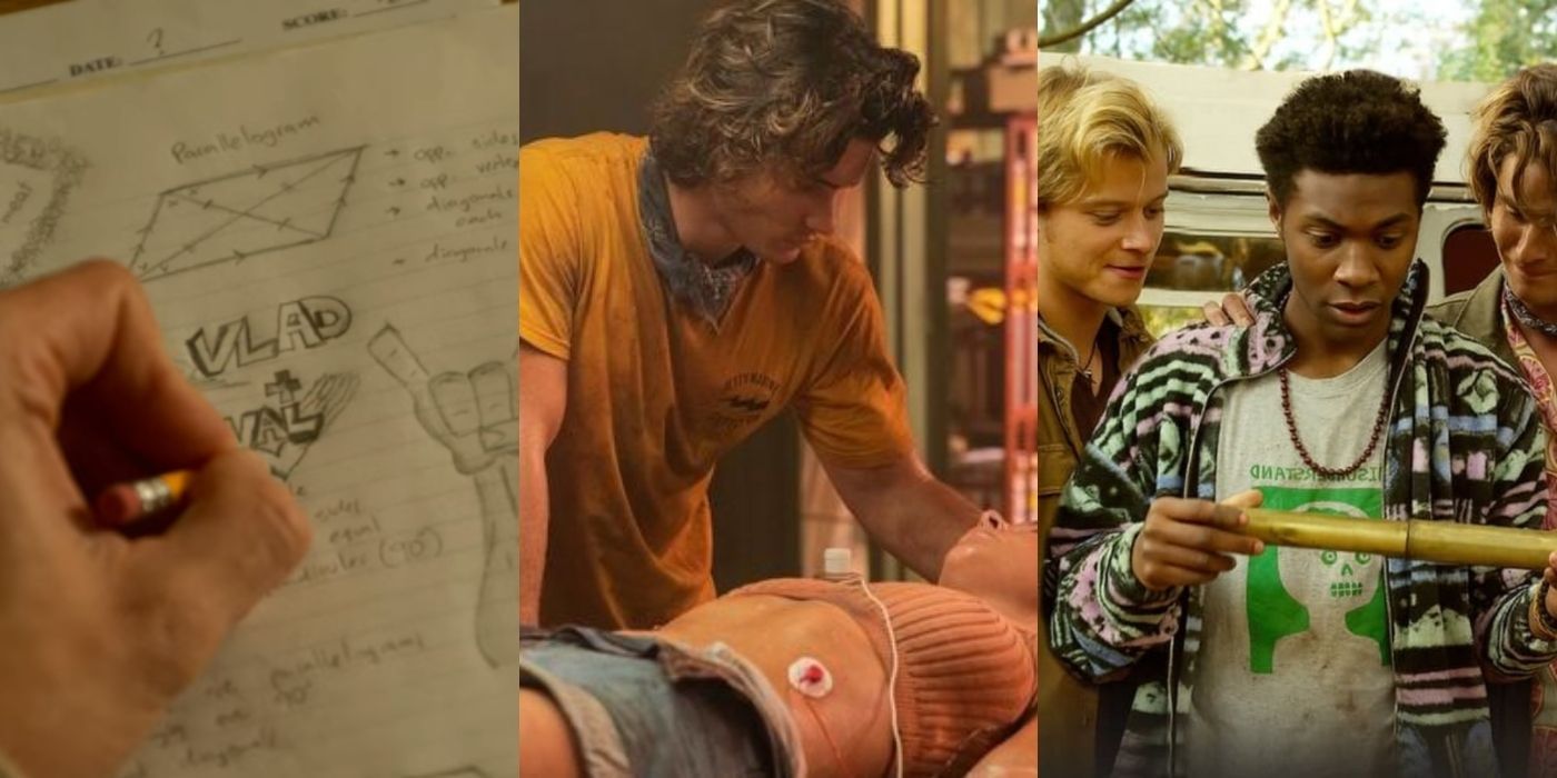 Three side by side images of the cast of Outer banks - John's notebook, John helping Sarah, and Pope looking at a bat