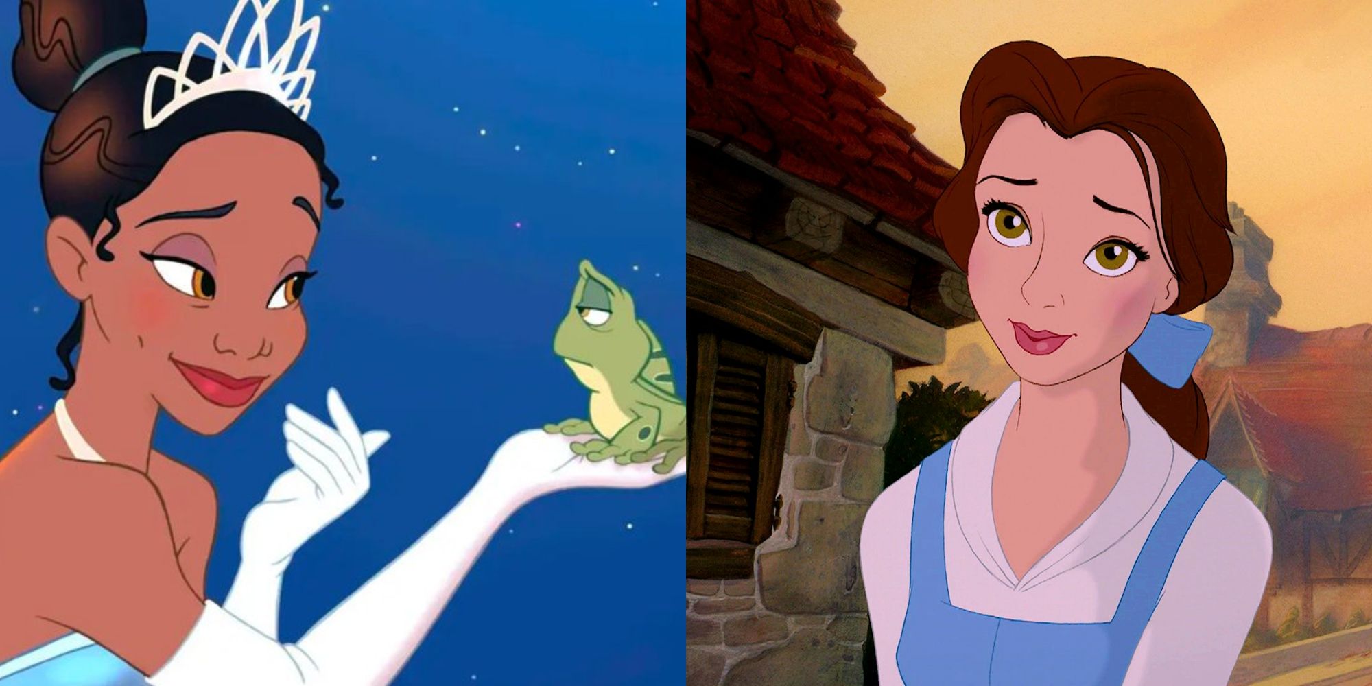 Split image: Tiana with the frog in her hand, Belle in her village