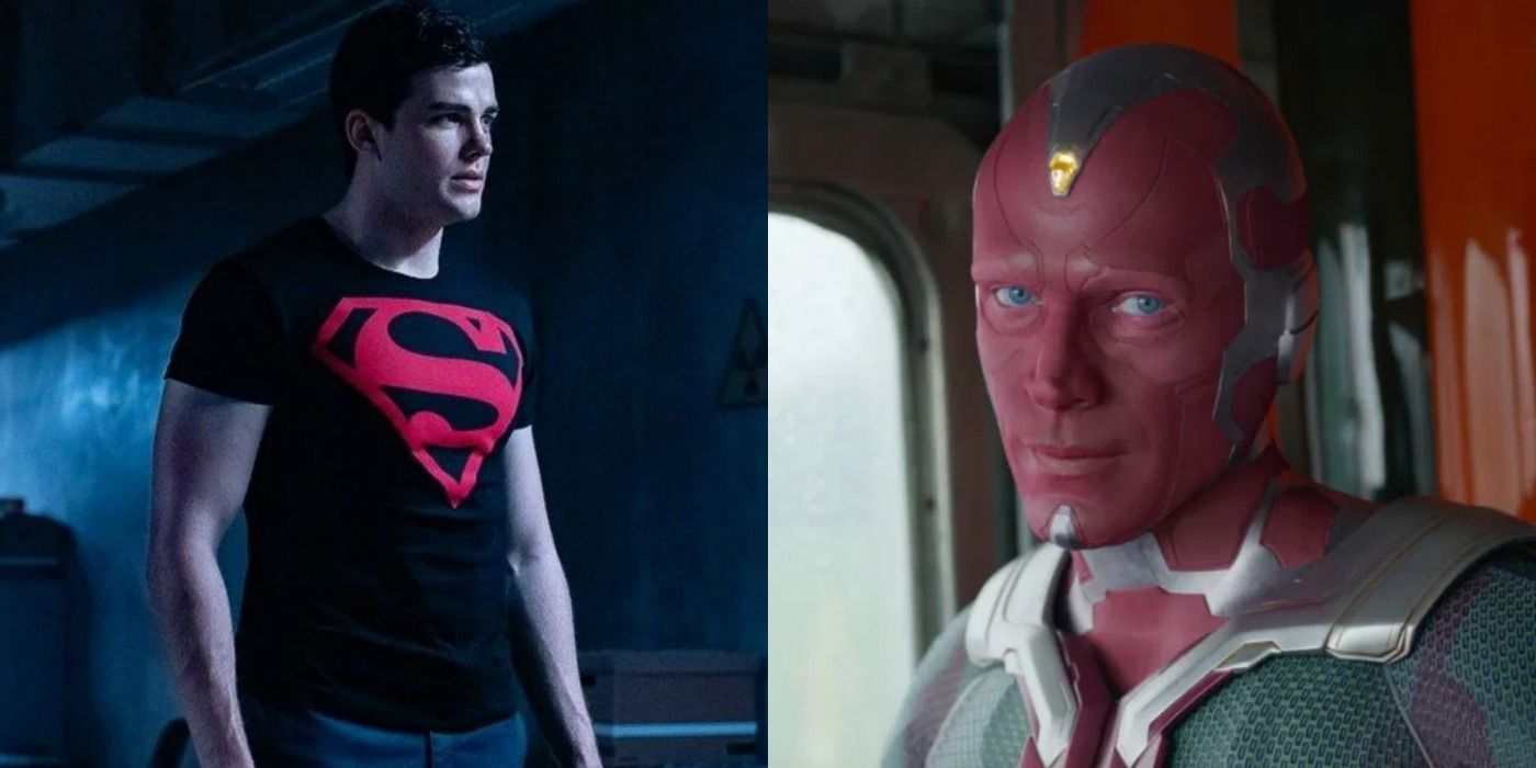 A split image depicts Superboy in Titans and Vision in the MCU