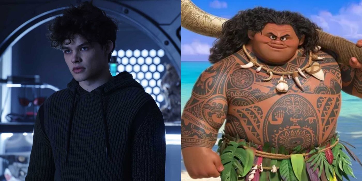 A split image depicts Jason in Titans and Maui in Moana