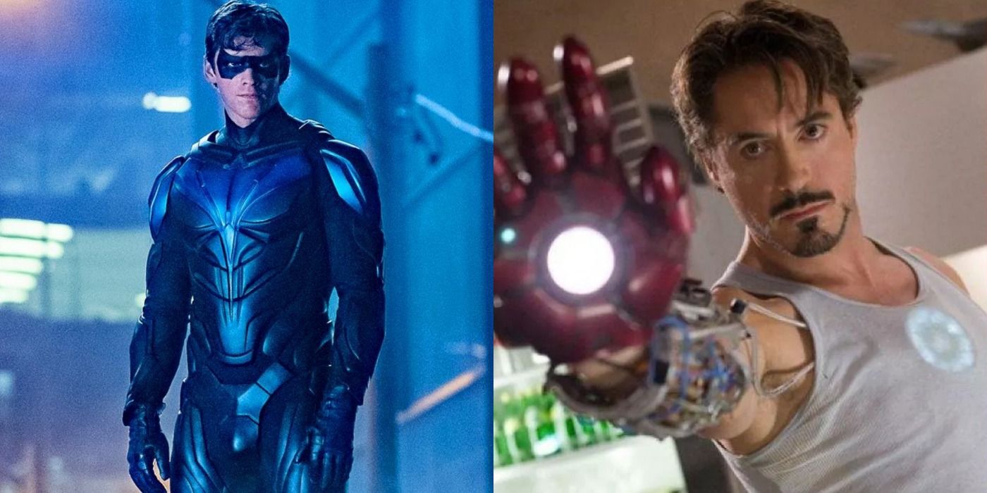 A split image depicts Nightwing in Titans and Iron Man in the MCU